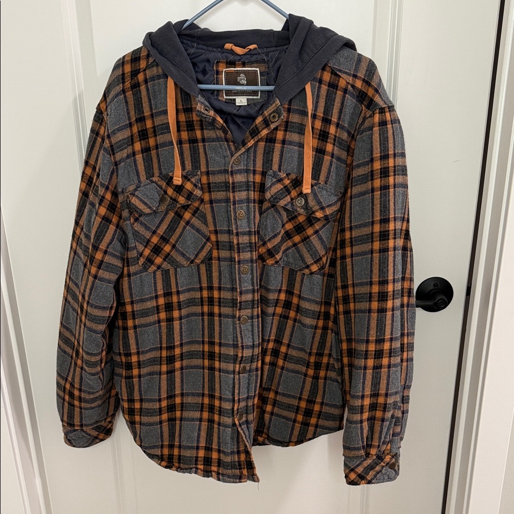 Men's Plaid Hooded Sweater - Orange and Gray